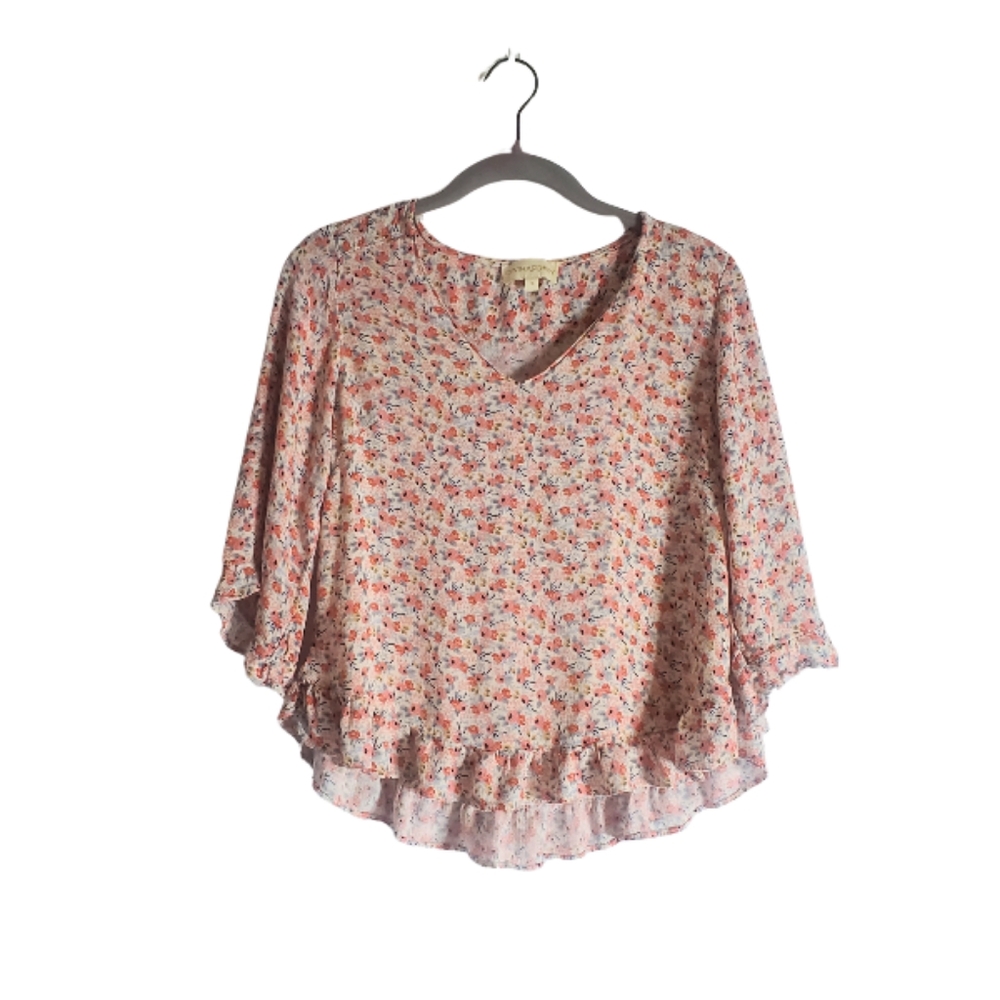 Cynthia Rowley Floral Ruffle Top Women's Size Small Vneck Pink